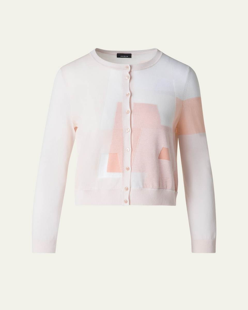 Short Trapezoid Intarsia Knit Cardigan